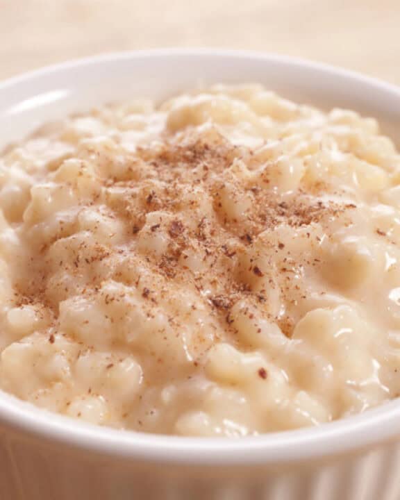 Rice pudding in a small bowl.