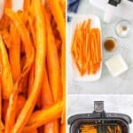 Air fryer carrots ingredients, the carrots in the air fryer, and air fried carrots.