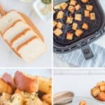 Air fryer croutons ingredients, in the air fryer basket, and on a salad.