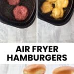 Hamburgers cooking in an air fryer and finished burgers on a wood board.