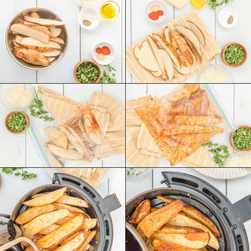 Preparing and air frying potato wedges.