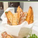 Air fryer potato wedges in a bowl on a plate.