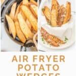 Potato wedges in an air fryer and the cooked wedges in a bowl.