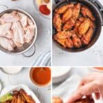 Air fryer sweet and spicy wings ingredients and the wings in a serving dish.
