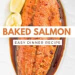 Homemade baked salmon and lemon wedges on a platter.