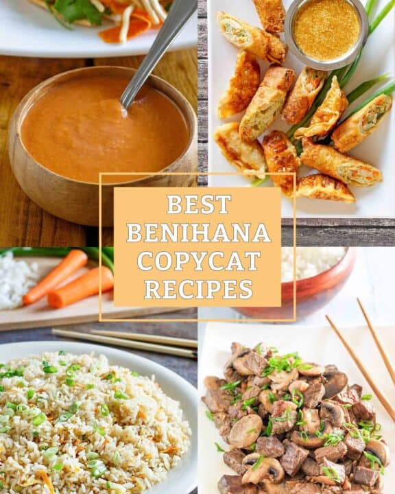 Copycat Benihana ginger dressing, mustard sauce, fried rice, and hibachi steak.