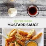 Copycat Benihana magic mustard sauce ingredients and the sauce with egg rolls.