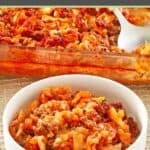 Homemade cabbage roll casserole in a baking dish and a bowl.