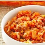 A serving of homemade cabbage roll casserole in a bowl.