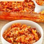 Homemade cabbage roll casserole in a baking dish and a serving in a bowl.