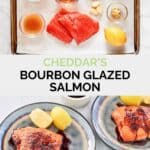 Copycat Cheddar's bourbon glazed salmon ingredients and the finished dish.