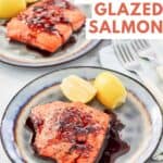 Homemade Cheddar's grilled salmon with bourbon glaze on two plates.