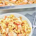 Homemade chicken and dressing casserole in a small bowl.