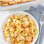 Homemade chicken and dressing casserole in a baking pan and a bowl.