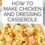 Homemade chicken and dressing casserole in a pan and a bowl.