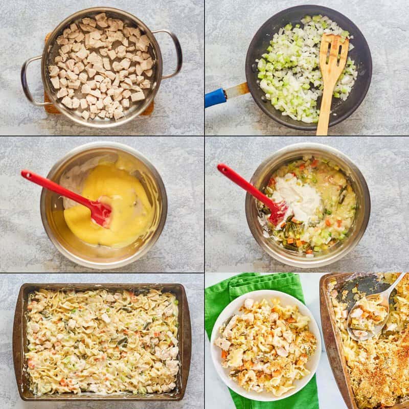 Making chicken noodle casserole.