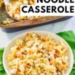 Chicken noodle casserole in a baking dish and a serving on a small plate.