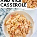 Homemade chicken and rice casserole in a baking dish and a serving on a plate.