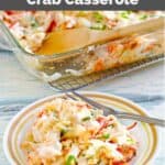 Chinese buffet seafood delight crab casserole in a baking dish and on a plate.