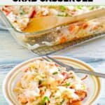 Chinese buffet crab casserole in a baking dish and on a plate.
