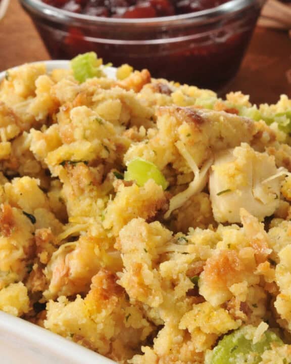 Homemade cornbread dressing and cranberry sauce.