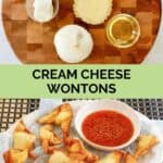 Cream cheese wontons ingredients and the wontons with dipping sauce.