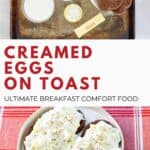 Creamed eggs on toast ingredients and the finished dish on a plate.