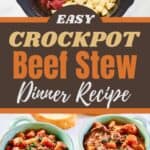 Beef stew in a crockpot and two bowls.
