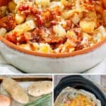 Crockpot cheesy potatoes in a bowl and the the ingredients on a tray.