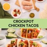 Crockpot chicken tacos ingredients and the shredded chicken in soft and hard taco shells.