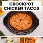 Crockpot chicken tacos ingredients and the finished dish.