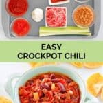 Crockpot chili ingredients and a bowl of the chili.