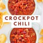 Crockpot chili in two soup crocks.