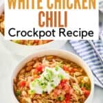 A bowl of crockpot white chicken chili topped with sour cream and green onions.