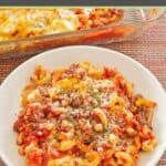 Homemade ground beef casserole serving in a small bowl.