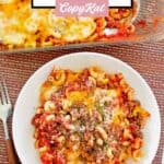 Ground beef casserole in a baking dish and on a plate with a fork next to it.