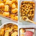 Hamburger hashbrown casserole in a baking dish and the ingredients on a tray.