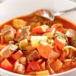 Homemade beef stew with potatoes and carrots made in an Instant Pot.