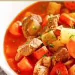 A bowl of Instant Pot beef stew with potatoes and carrots.
