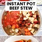 Instant pot beef stew ingredients in bowls, in the Instant Pot, and a bowl of the stew.