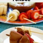 Strawberries and banana slices dipped in copycat melting pot chocolate fondue.