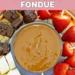 Homemade melting pot chocolate fondue and dippers on skewers.