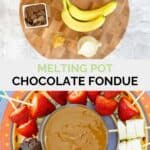 Copycat melting pot chocolate fondue ingredients and the fondue in a bowl.