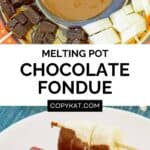 Homemade melting pot chocolate fondue in a bowl and fruit dipped in it.