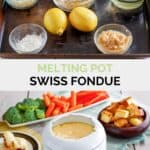 Copycat melting pot swiss fondue ingredients and the fondue with various dippers.
