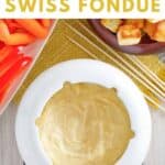 Veggies, bread cubes, and copycat melting pot swiss fondue.