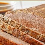 Slices of oven baked beef brisket.