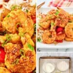 Copycat Panda Express chili crisp shrimp ingredients and the shrimp served over rice.