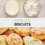 Copycat Popeyes biscuits ingredients and the biscuits on a wood board.