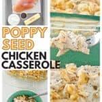 Poppy seed chicken casserole ingredients and the finished dish.